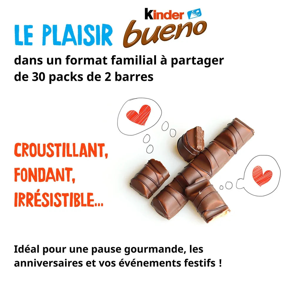 Barre chocolatée - Kinder Bueno - Fine Gaufrette Enrobée de Chocolat au Lait avec un Coeur Lait et Noisettes - Goûter Fondant et Croustillant
