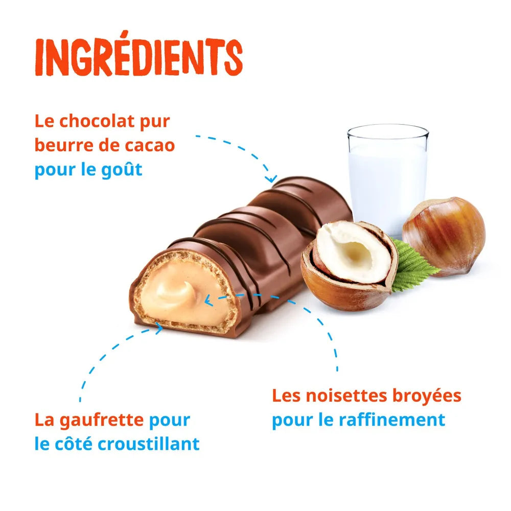 Barre chocolatée - Kinder Bueno - Fine Gaufrette Enrobée de Chocolat au Lait avec un Coeur Lait et Noisettes - Goûter Fondant et Croustillant