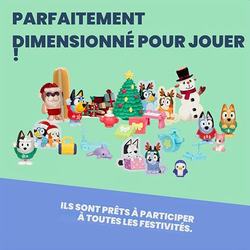 Calendrier de l'avent Bluey avec 4 mini figurines de Bluey, Bingo, Muffin et Socks, 12 accessoires supplémentaires, 3 silhouettes en papier et 5 autocollants à découvrir dans 24 cases