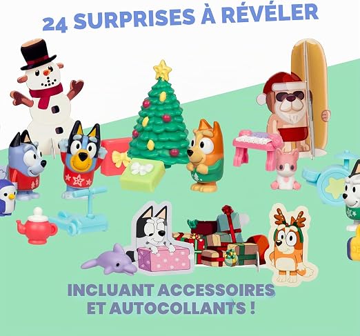 Calendrier de l'avent Bluey avec 4 mini figurines de Bluey, Bingo, Muffin et Socks, 12 accessoires supplémentaires, 3 silhouettes en papier et 5 autocollants à découvrir dans 24 cases