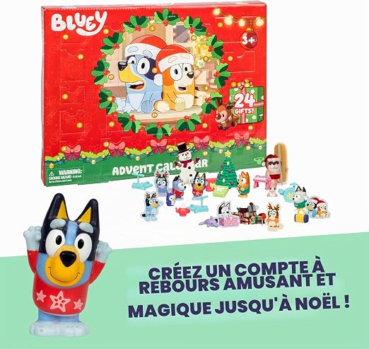Calendrier de l'avent Bluey avec 4 mini figurines de Bluey, Bingo, Muffin et Socks, 12 accessoires supplémentaires, 3 silhouettes en papier et 5 autocollants à découvrir dans 24 cases