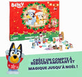 Calendrier de l'avent Bluey avec 4 mini figurines de Bluey, Bingo, Muffin et Socks, 12 accessoires supplémentaires, 3 silhouettes en papier et 5 autocollants à découvrir dans 24 cases