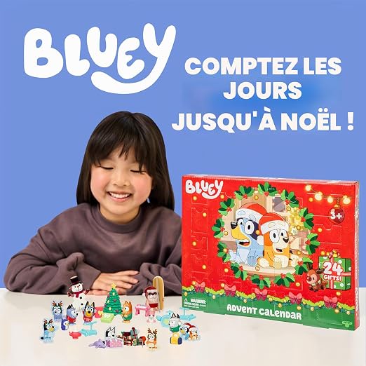 Calendrier de l'avent Bluey avec 4 mini figurines de Bluey, Bingo, Muffin et Socks, 12 accessoires supplémentaires, 3 silhouettes en papier et 5 autocollants à découvrir dans 24 cases