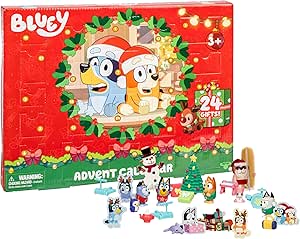 Calendrier de l'avent Bluey avec 4 mini figurines de Bluey, Bingo, Muffin et Socks, 12 accessoires supplémentaires, 3 silhouettes en papier et 5 autocollants à découvrir dans 24 cases