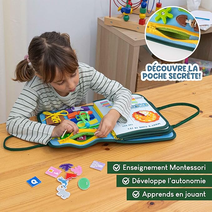 BONNYCO Busy Board Montessori de Feutre. Jouet Montessori Educatif, Malette Busy Book Motricité Fine