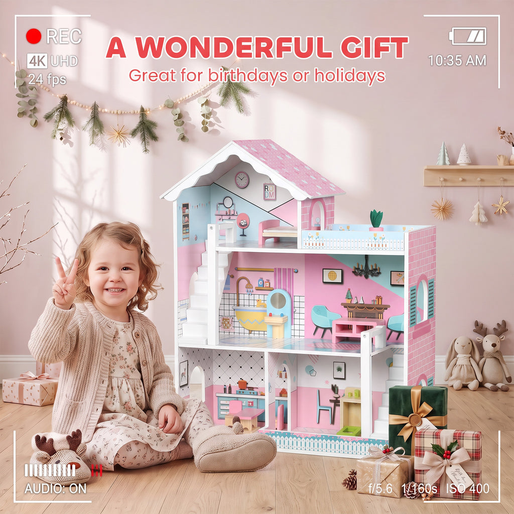 Maison de Poupée en Bois pour Enfants, Maison de Rêve Filles à 3 Étages avec Balcon, Escaliers et 10 Accessoires, Rose
