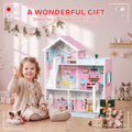 Maison de Poupée en Bois pour Enfants, Maison de Rêve Filles à 3 Étages avec Balcon, Escaliers et 10 Accessoires, Rose