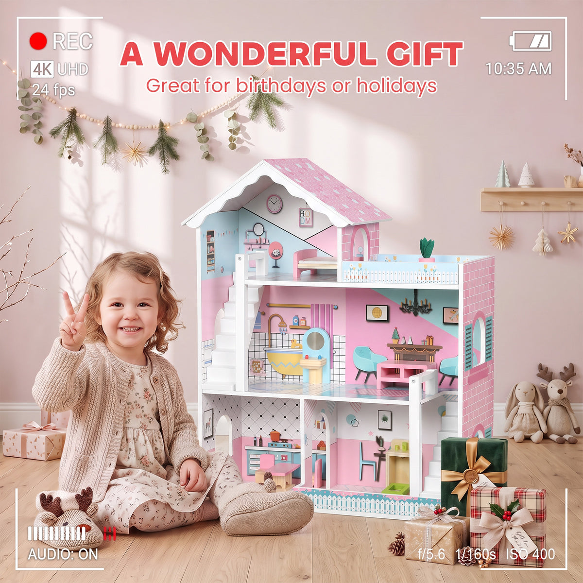 Maison de Poupée en Bois pour Enfants, Maison de Rêve Filles à 3 Étages avec Balcon, Escaliers et 10 Accessoires, Rose