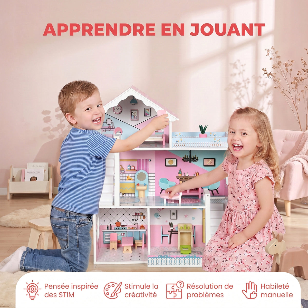 Maison de Poupée en Bois pour Enfants, Maison de Rêve Filles à 3 Étages avec Balcon, Escaliers et 10 Accessoires, Rose
