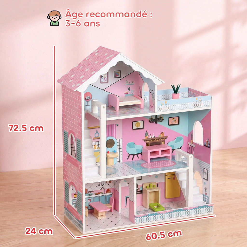 Maison de Poupée en Bois pour Enfants, Maison de Rêve Filles à 3 Étages avec Balcon, Escaliers et 10 Accessoires, Rose