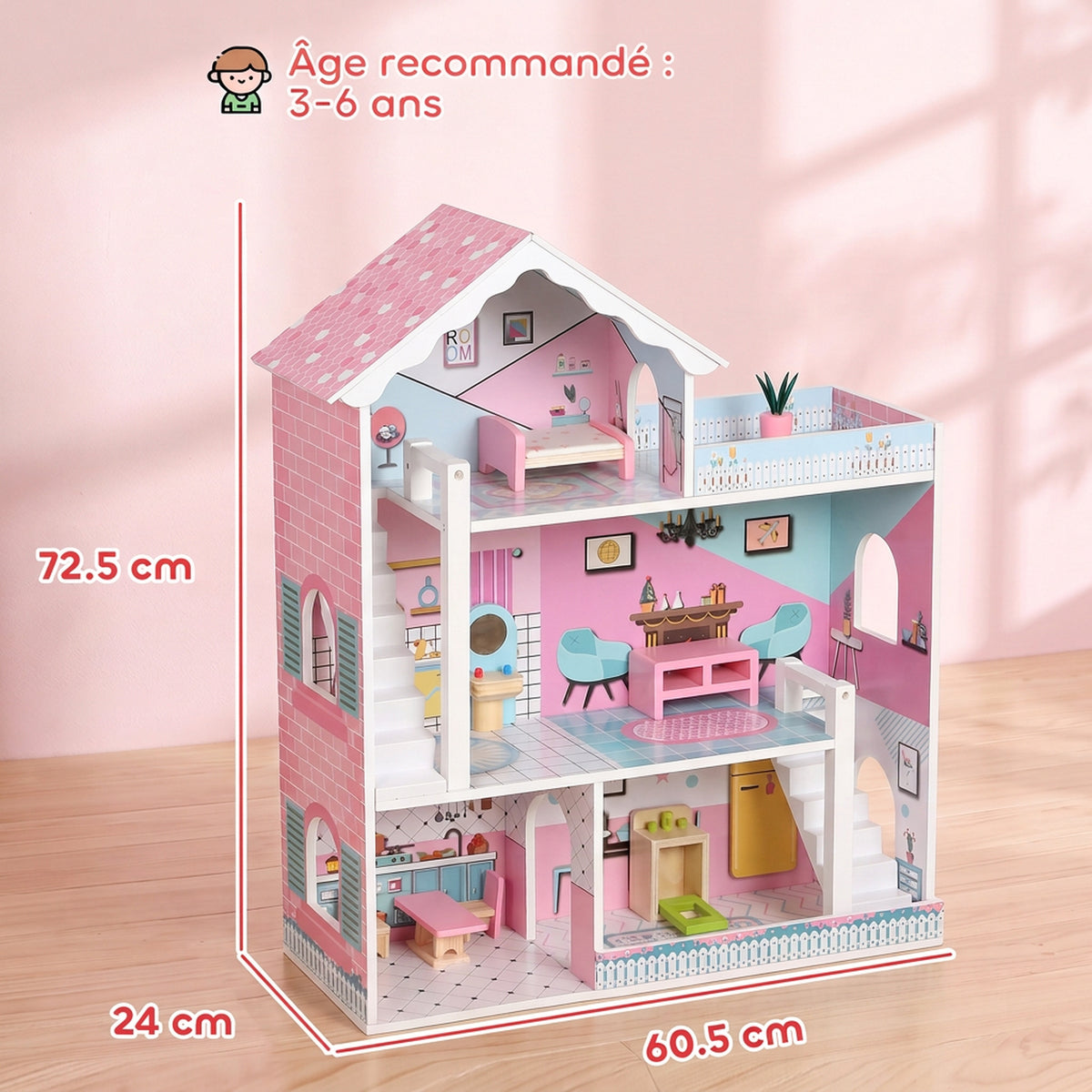 Maison de Poupée en Bois pour Enfants, Maison de Rêve Filles à 3 Étages avec Balcon, Escaliers et 10 Accessoires, Rose