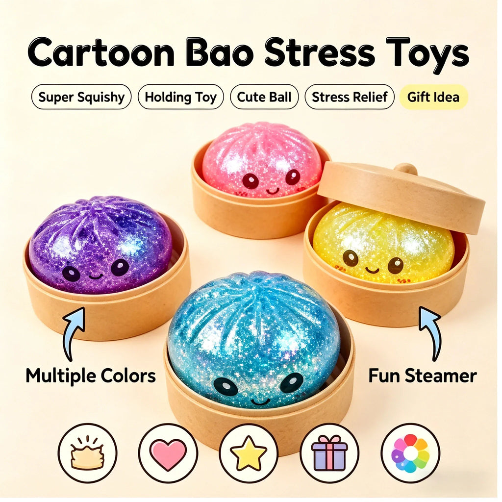 Steamed Bun Squeeze Toy Simulation Bao Stress Relief Fidget Toy with Beads Sparkles Soft Squishy Sensory Decompression Accessory-0