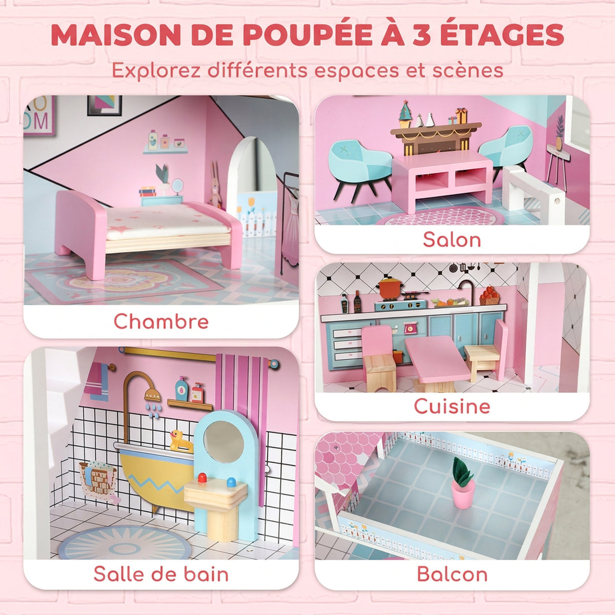 Maison de Poupée en Bois pour Enfants, Maison de Rêve Filles à 3 Étages avec Balcon, Escaliers et 10 Accessoires, Rose