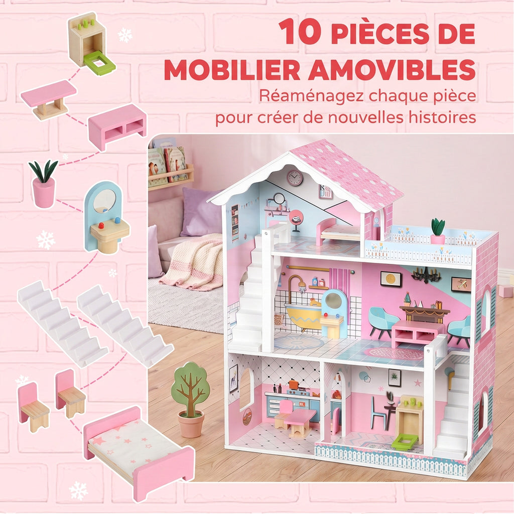 Maison de Poupée en Bois pour Enfants, Maison de Rêve Filles à 3 Étages avec Balcon, Escaliers et 10 Accessoires, Rose