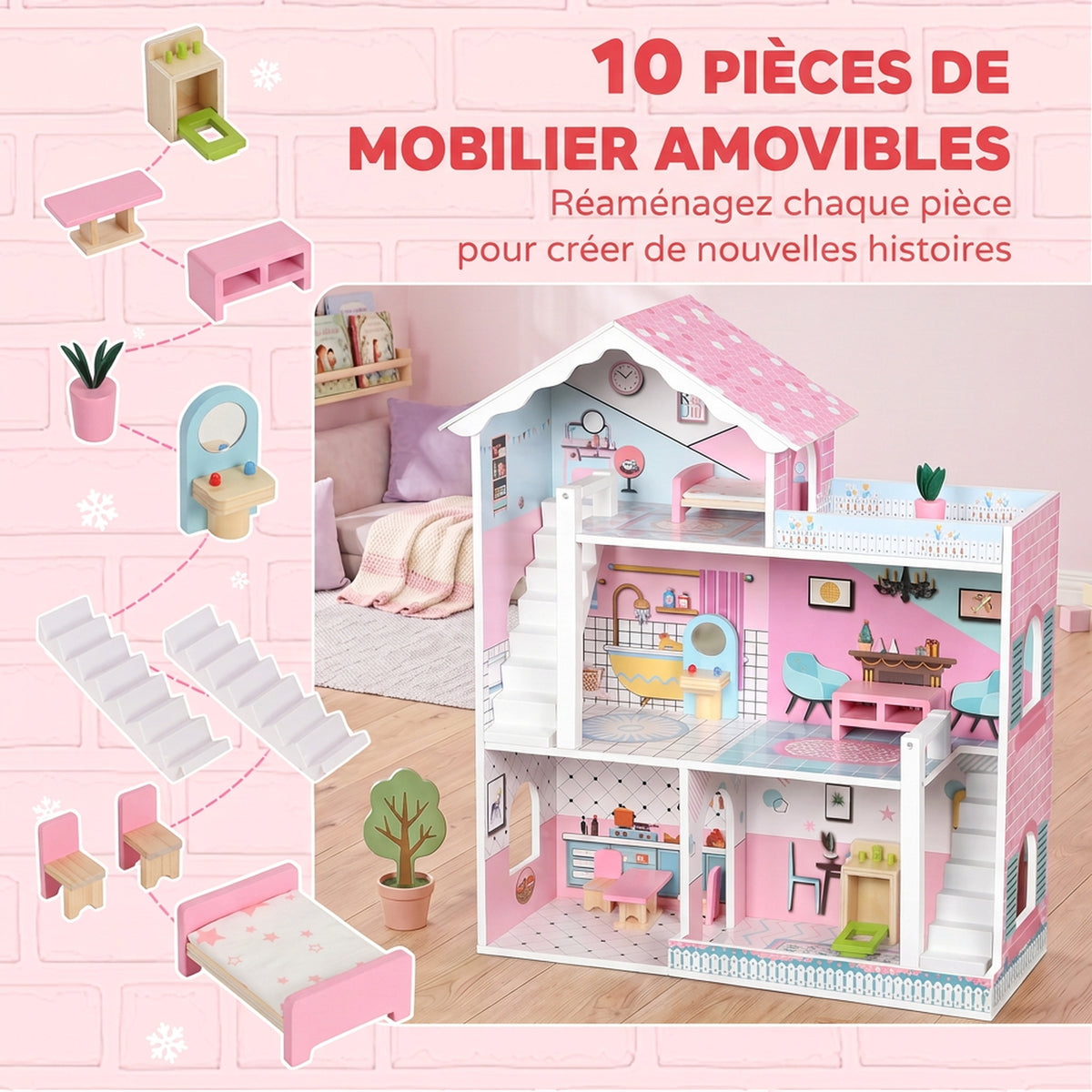 Maison de Poupée en Bois pour Enfants, Maison de Rêve Filles à 3 Étages avec Balcon, Escaliers et 10 Accessoires, Rose