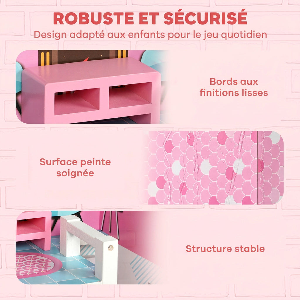 Maison de Poupée en Bois pour Enfants, Maison de Rêve Filles à 3 Étages avec Balcon, Escaliers et 10 Accessoires, Rose