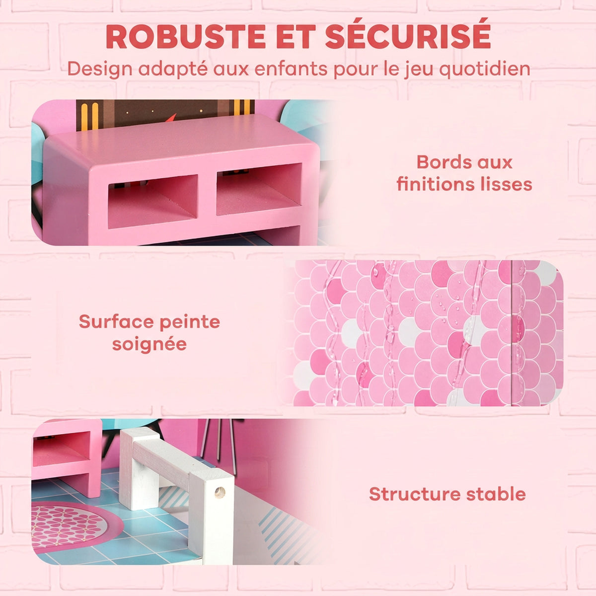 Maison de Poupée en Bois pour Enfants, Maison de Rêve Filles à 3 Étages avec Balcon, Escaliers et 10 Accessoires, Rose