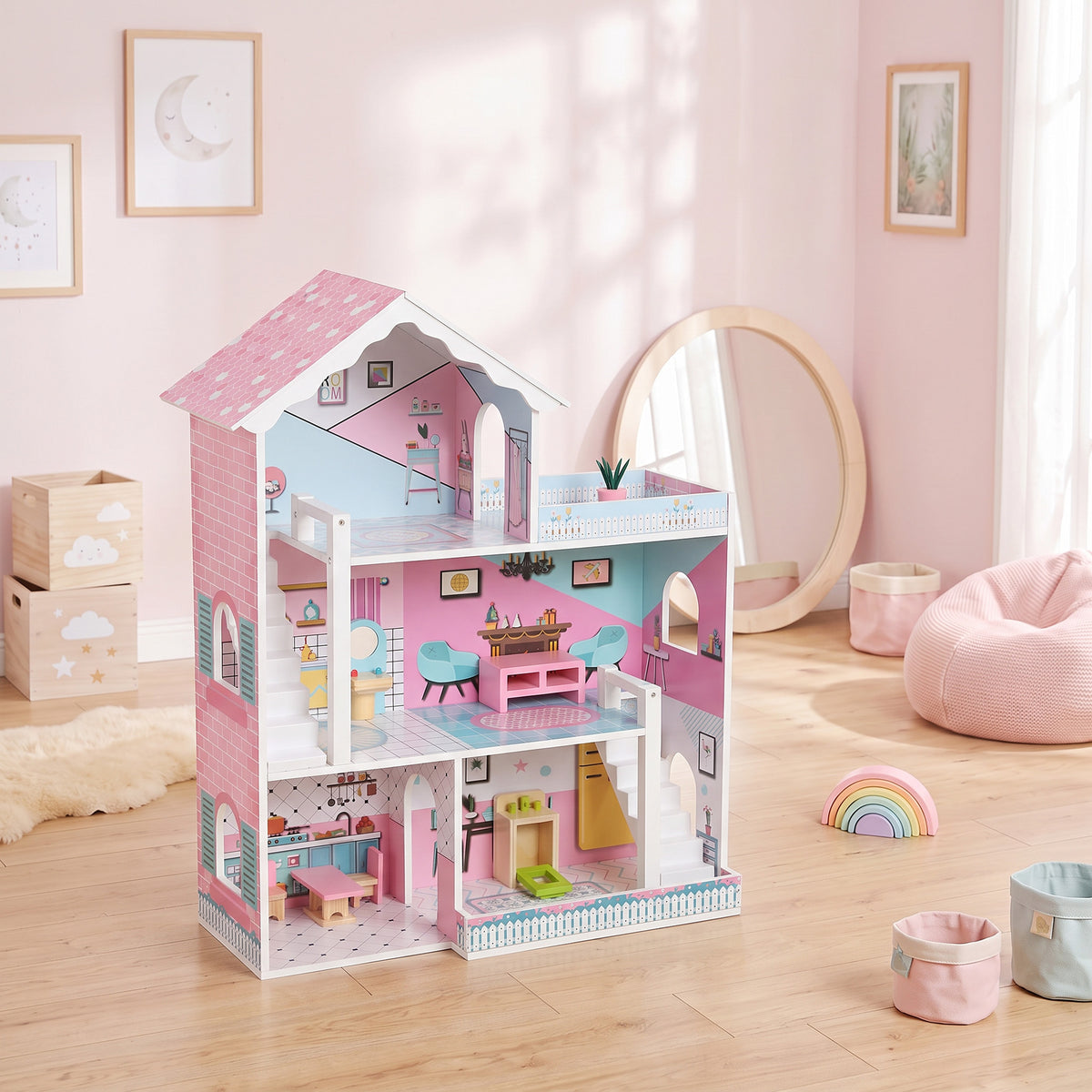 Maison de Poupée en Bois pour Enfants, Maison de Rêve Filles à 3 Étages avec Balcon, Escaliers et 10 Accessoires, Rose