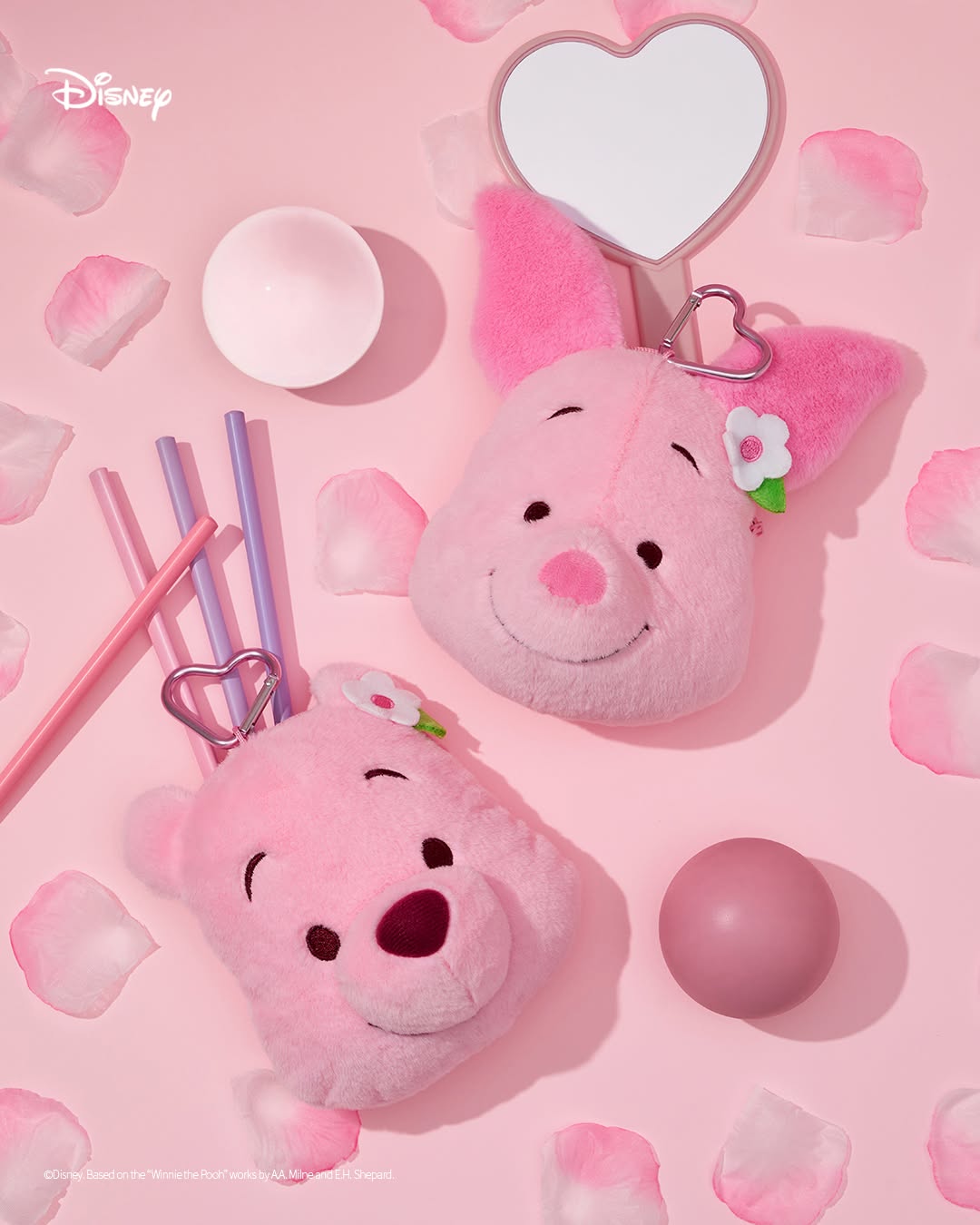 Disney Pink Teddy Pooh & Piglet Keyring/Pouch-2