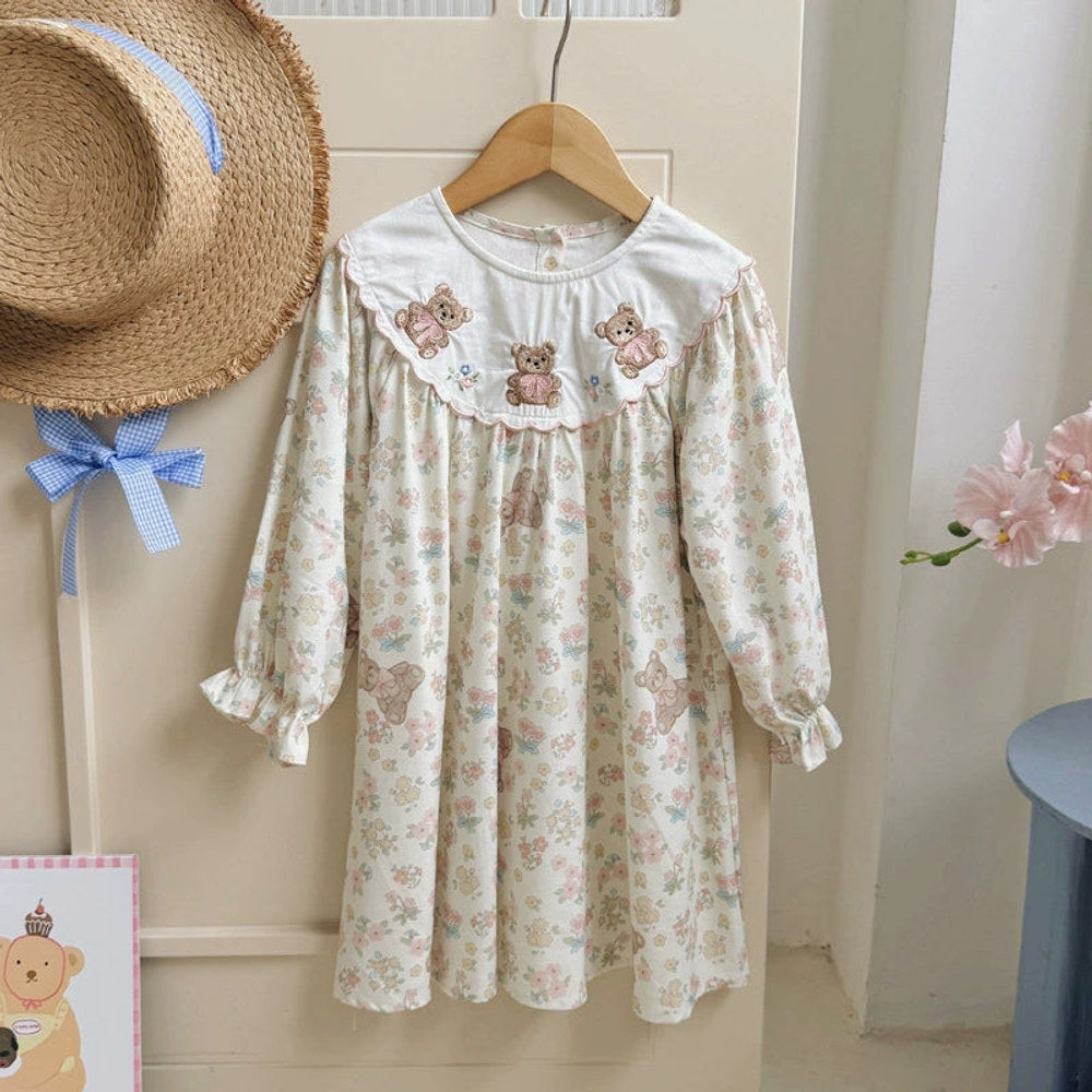 Robe à manches longues MyKids-USA® pour fille, à motif de fleurs et d'ours en peluche