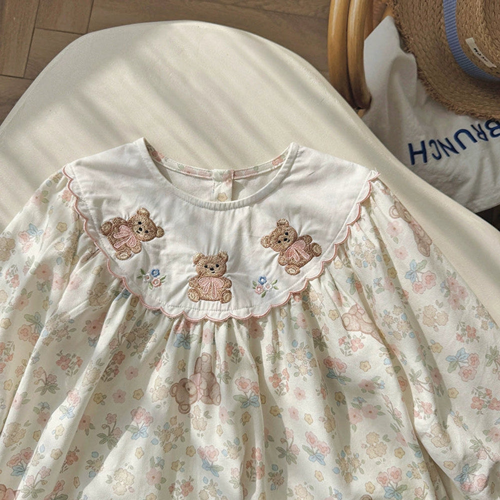 Robe à manches longues MyKids-USA® pour fille, à motif de fleurs et d'ours en peluche