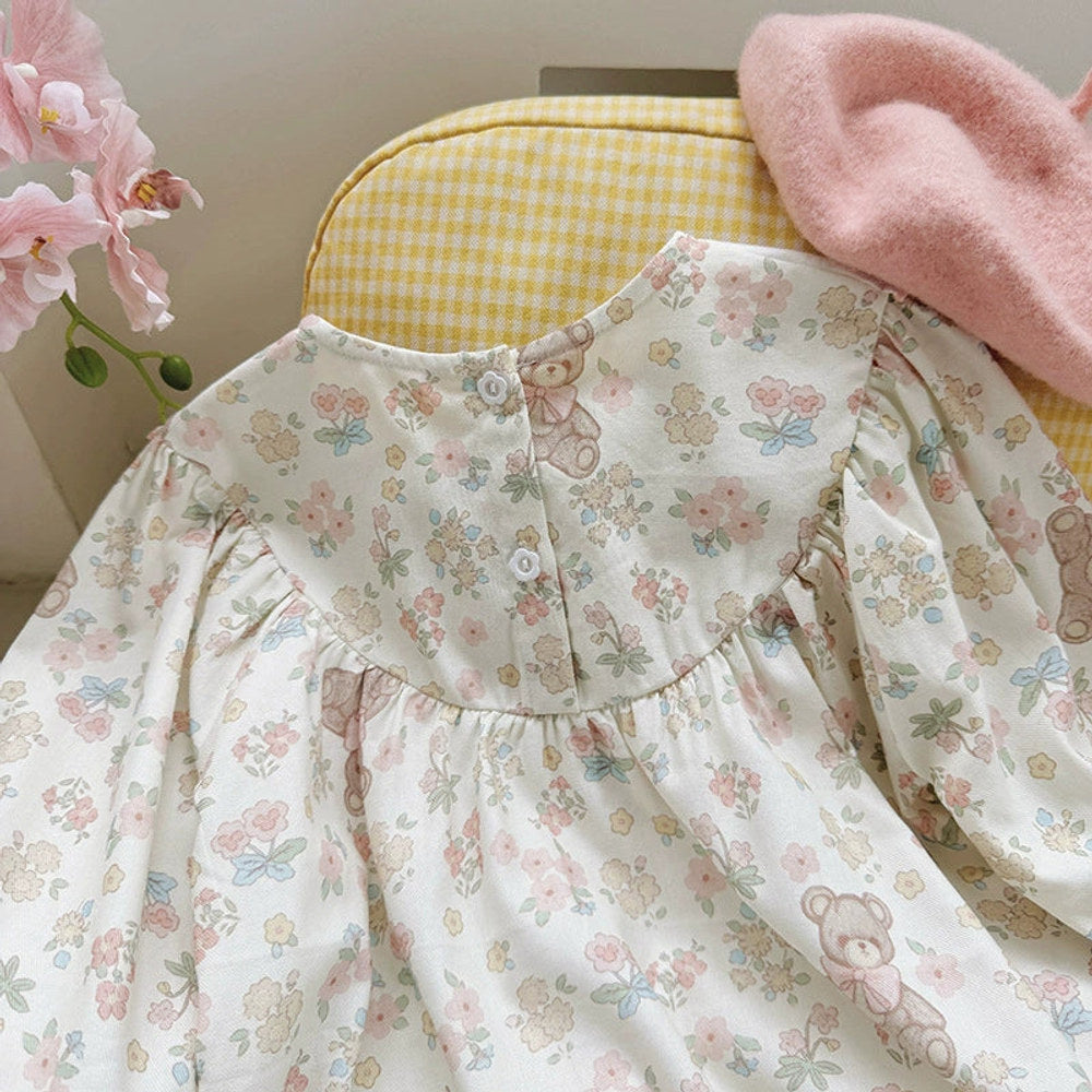 Robe à manches longues MyKids-USA® pour fille, à motif de fleurs et d'ours en peluche