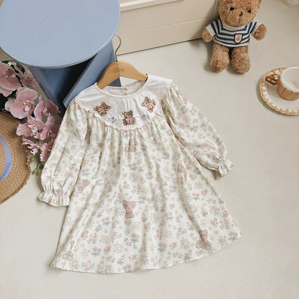 Robe à manches longues MyKids-USA® pour fille, à motif de fleurs et d'ours en peluche