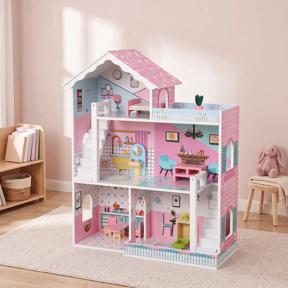 Maison de Poupée en Bois pour Enfants, Maison de Rêve Filles à 3 Étages avec Balcon, Escaliers et 10 Accessoires, Rose