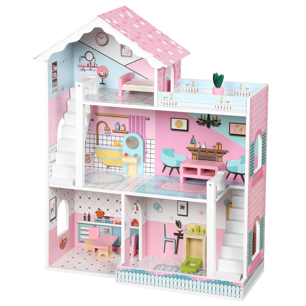 Maison de Poupée en Bois pour Enfants, Maison de Rêve Filles à 3 Étages avec Balcon, Escaliers et 10 Accessoires, Rose
